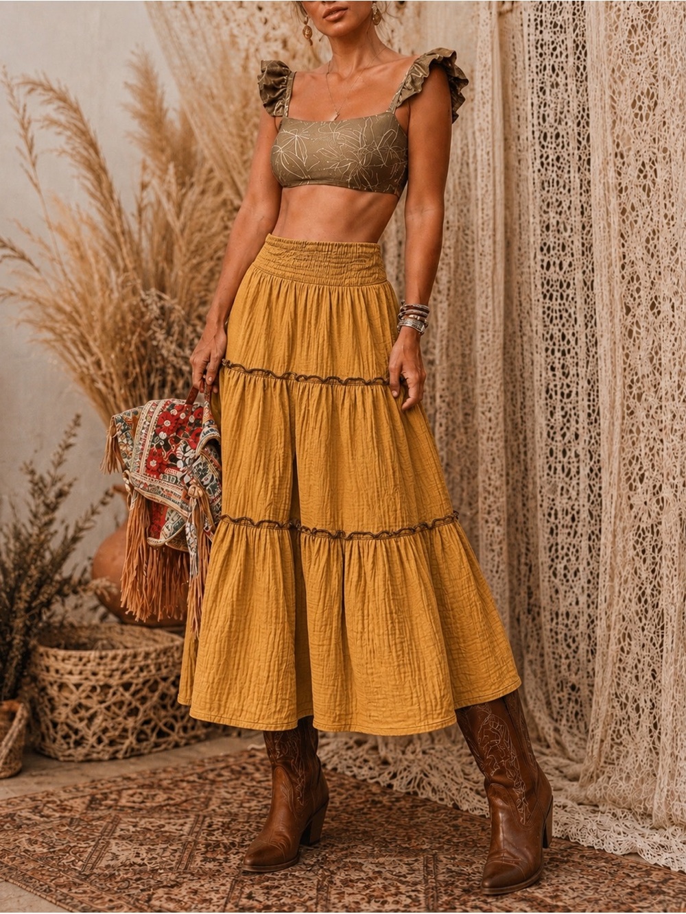 Smocked Waist Tiered Midi Skirt in Mustard Yellow